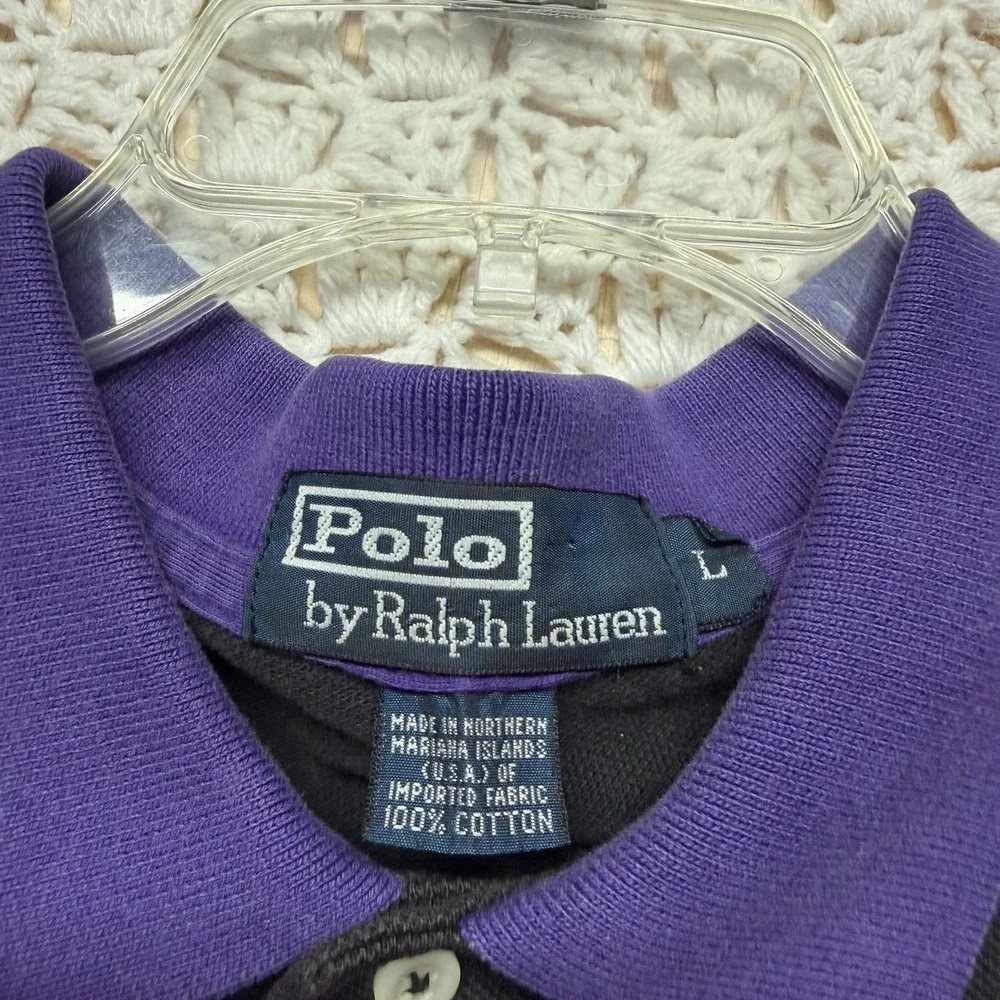 VTG 90s Polo Ralph Lauren Polo Shirt Mens Sz L Purple Black Yellow Red Striped